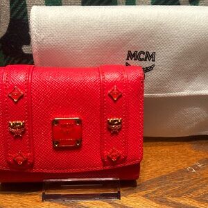 MCM Red Leather Wallet with Gold Accents